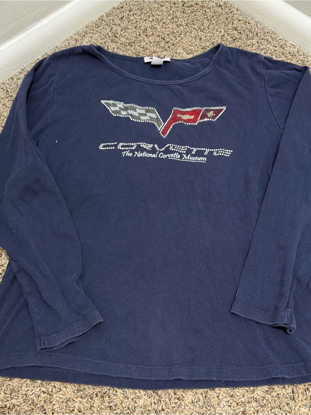Y2K The National Corvette Museum Navy Rhinestone Long-Sleeve Tee